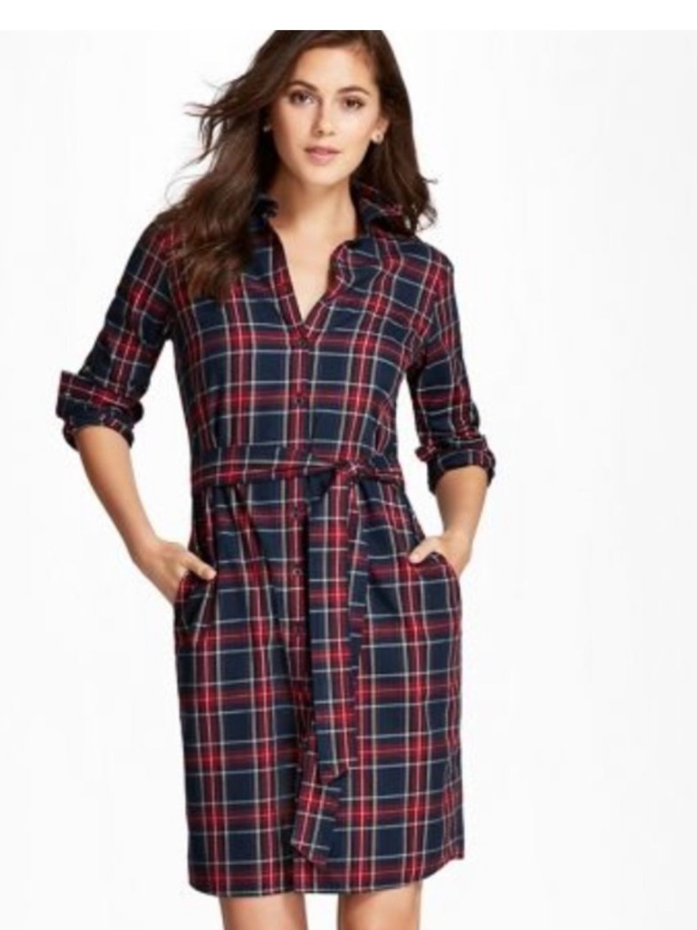 Brooks Brothers Red Fleece Size 2 Tartan Plaid Belted Shirt Dress Cotton